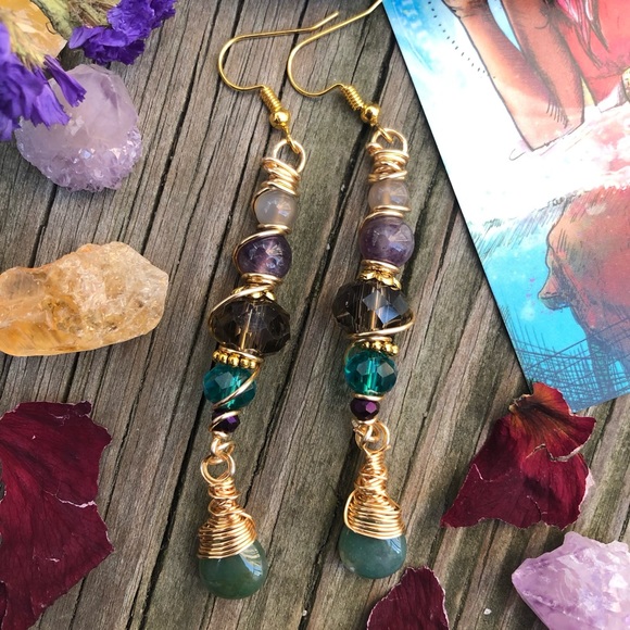 Handmade Celtic Moonstone Amethyst Gemstone Beaded Dangle Earrings - Picture 4 of 12